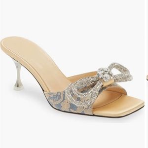 Mach & Mach Double Bow Floral Embroidered Square Toe Sandal heels shoes size 39